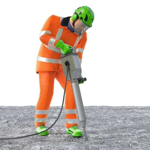 Ein Bauarbeiter arbeitet mit einem Presslufthammer. Er trägt Warnschutzkleidung, Arbeitsschuhe, Handschuhe sowie einen Helm mit geschlossenen Visier und integriertem Kapselgehörschutz.