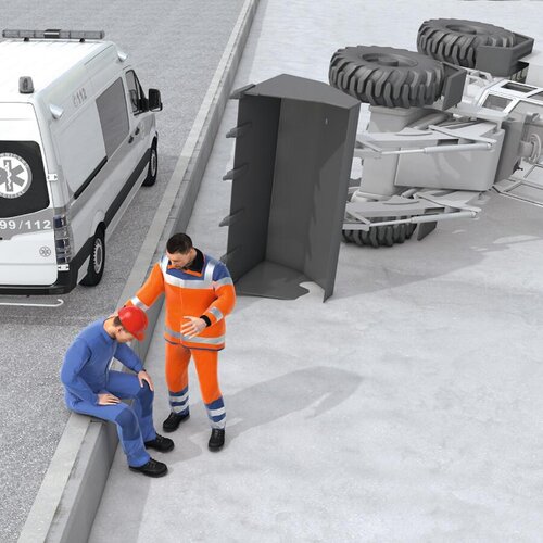 Ein Sanitäter versorgt einen Bauarbeiter. Im Hintergrund liegt ein umgekippter Radlader.