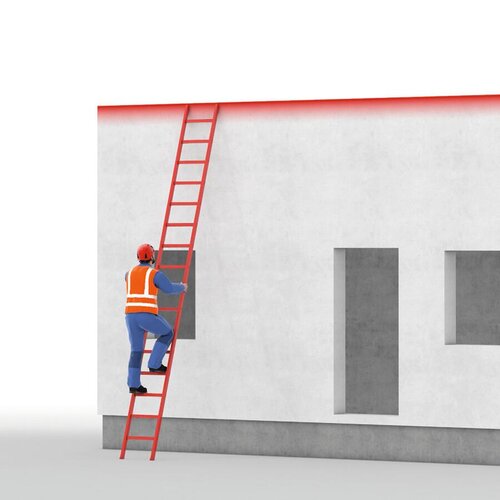 Ein Bauarbeiter steigt eine lange Leiter hinauf, die an einer Hauswand lehnt, um auf das Dach des Hauses zu gelangen.