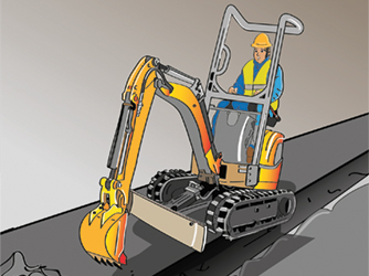 Illustration eines Minibaggers, der von einem Maschinenführer bedient wird. Der Minibagger droht an einer Kante nach links umzustürzen. – Bildquelle: TVN CORPORATE MEDIA